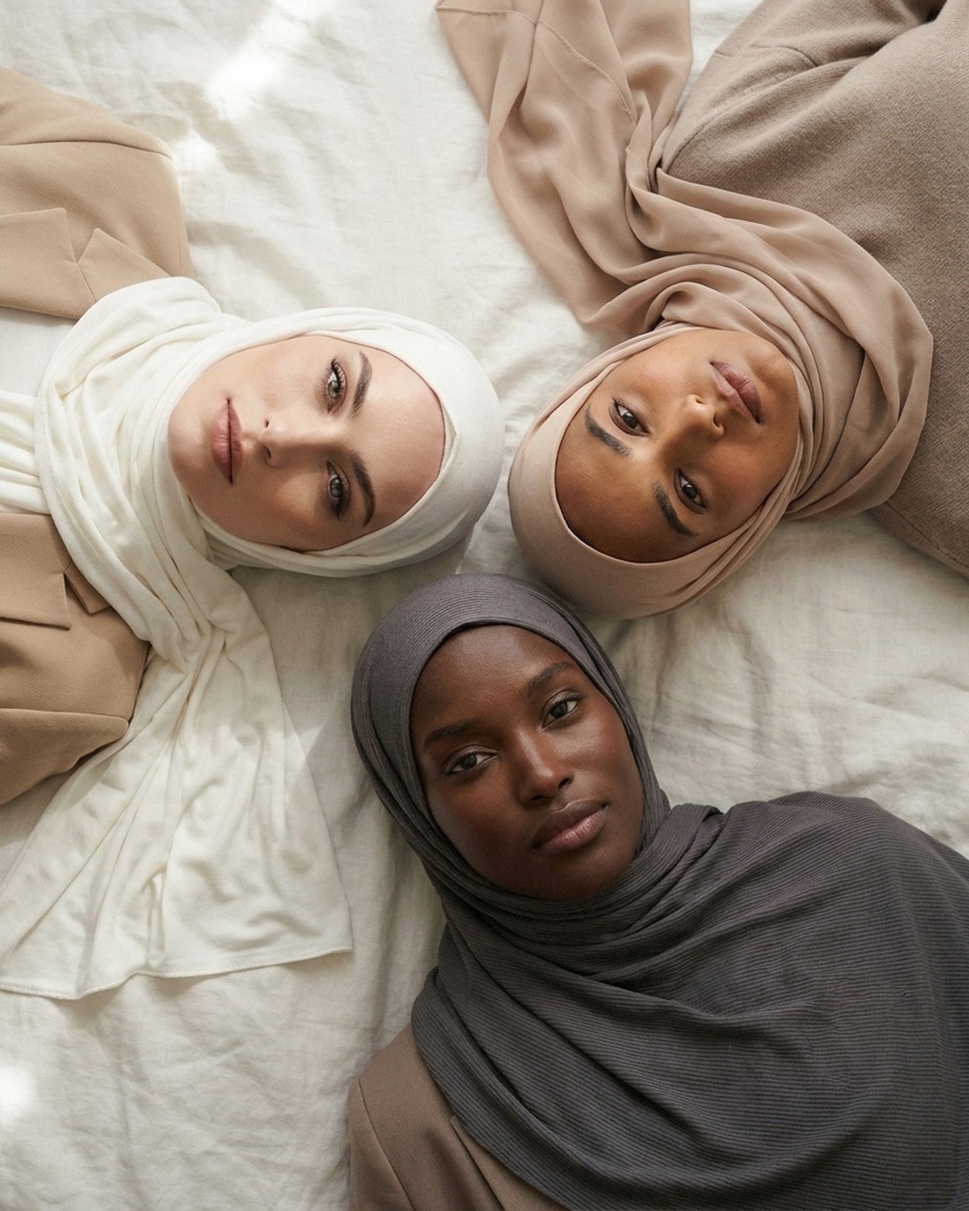 Three women in Lannée hijabs, seen from above
