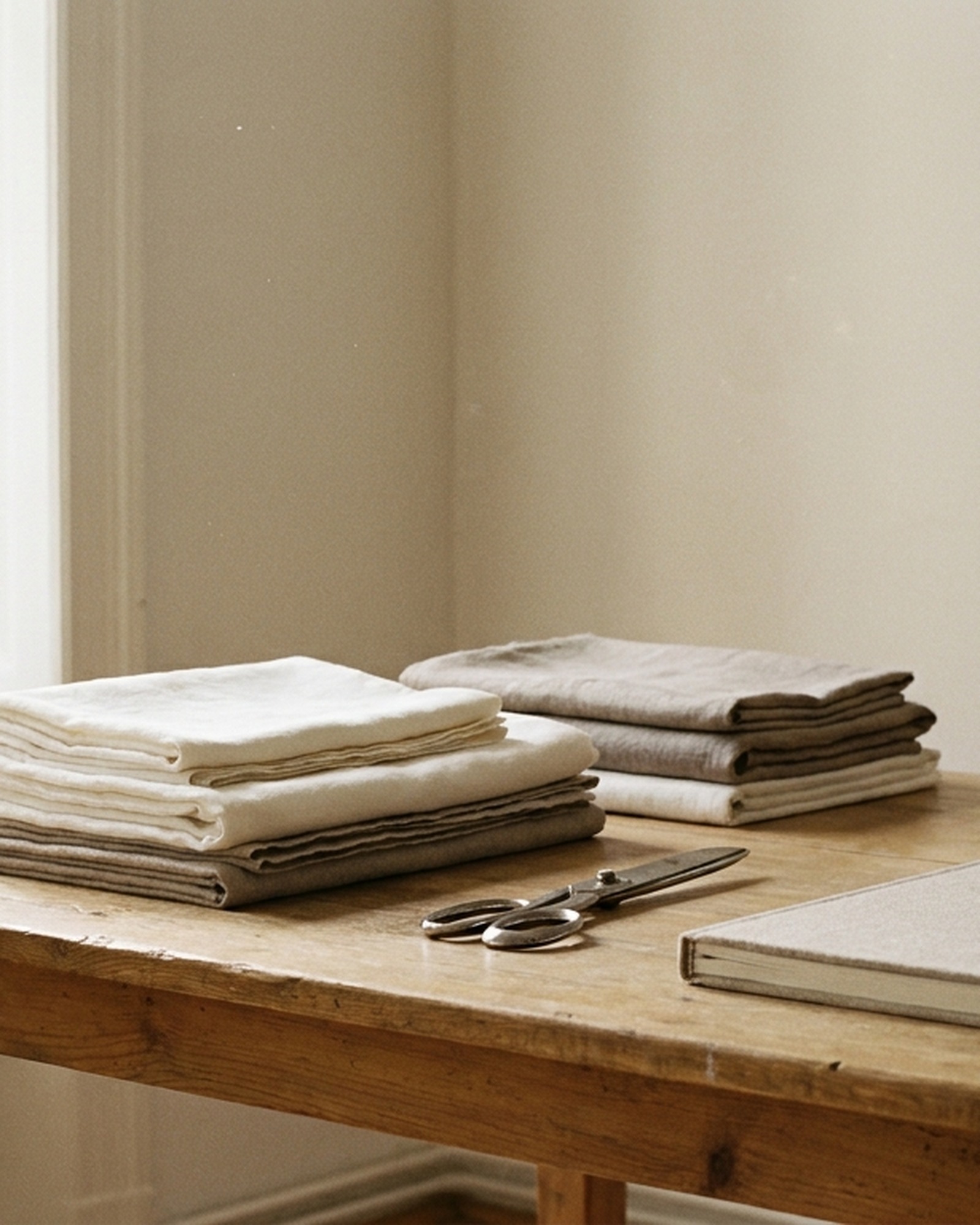 Folded cloth and tailor's scissors on a wooden worktable