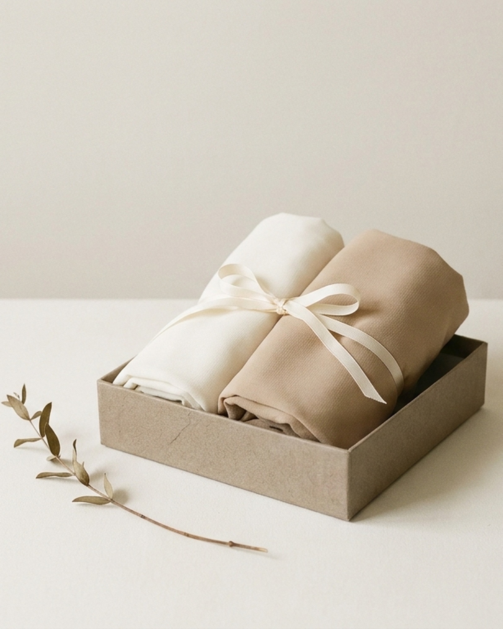 Two folded hijabs tied with ribbon in a gift box