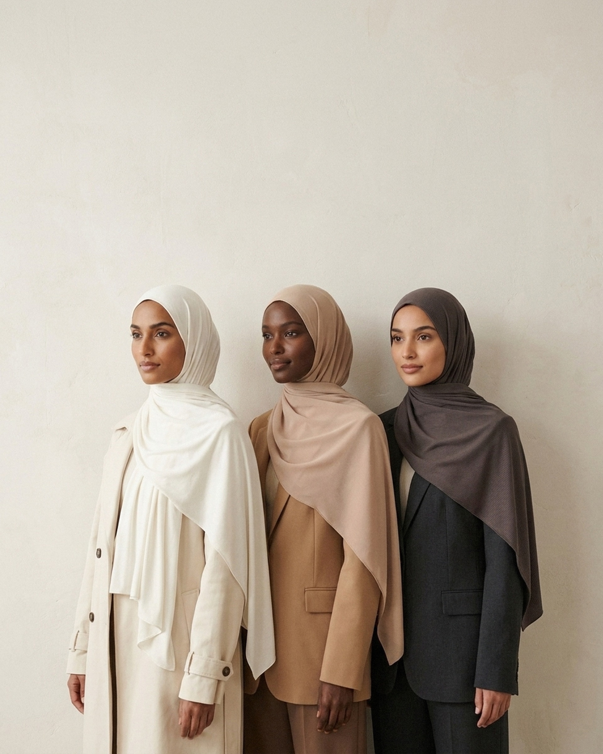 A woman wearing a cream modal hijab in soft window light
